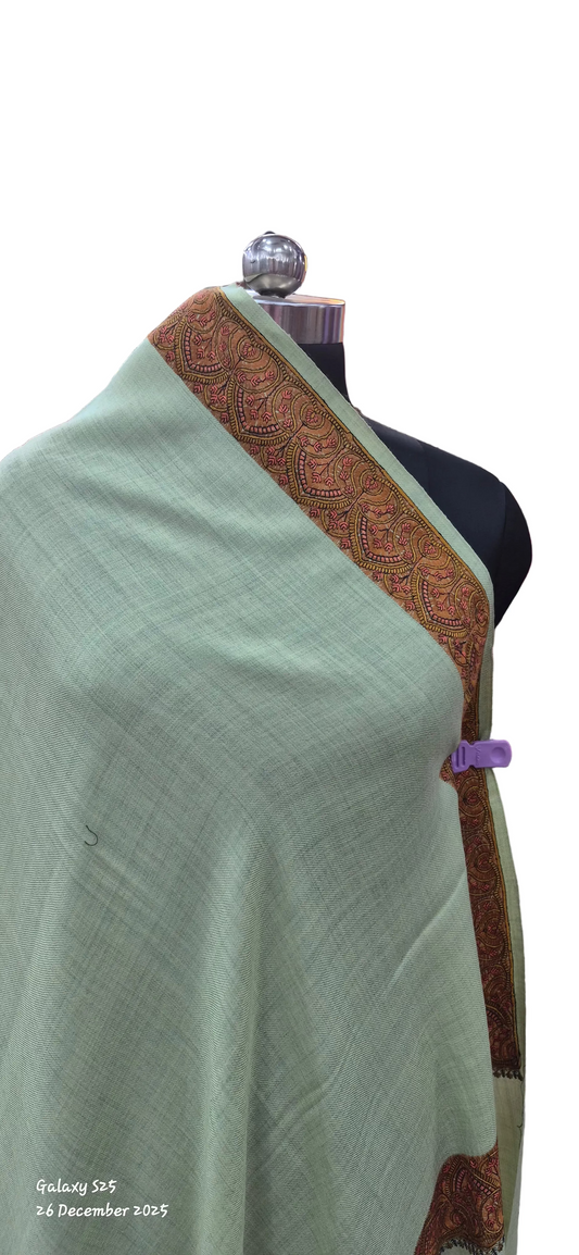 Mint Green-wool Shawl with Ornate Paisley Borders