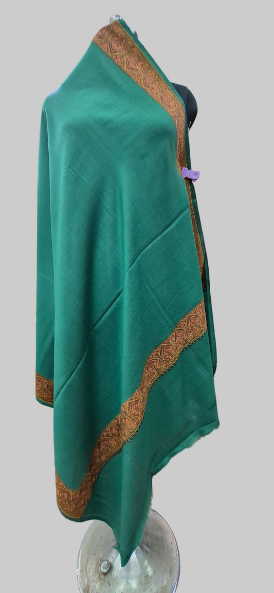 Pine Green-wool Shawl with Ornate Paisley Borders