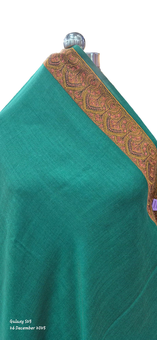 Pine Green-wool Shawl with Ornate Paisley Borders