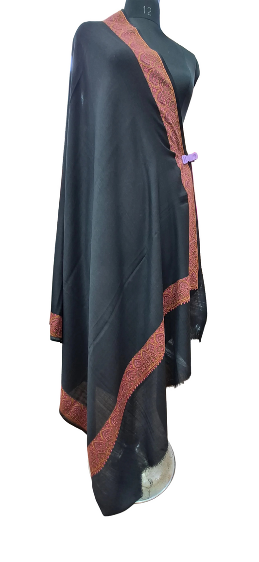 Black-wool Shawl with Ornate Paisley Borders