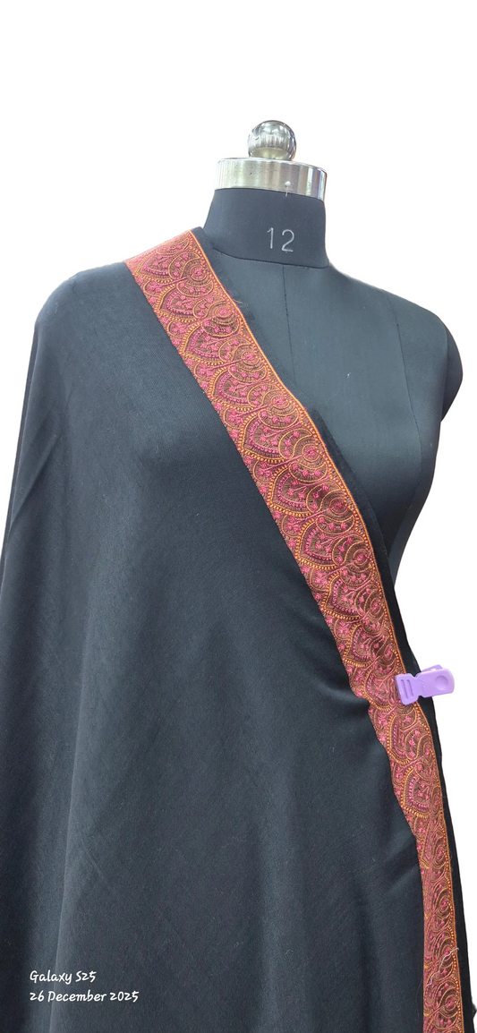 Black-wool Shawl with Ornate Paisley Borders