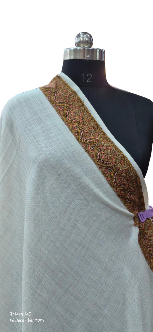 Off White-wool Shawl with Ornate Paisley Borders