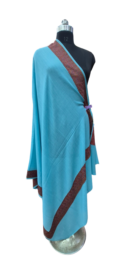 sky blue.wool Shawl with Ornate Paisley Borders