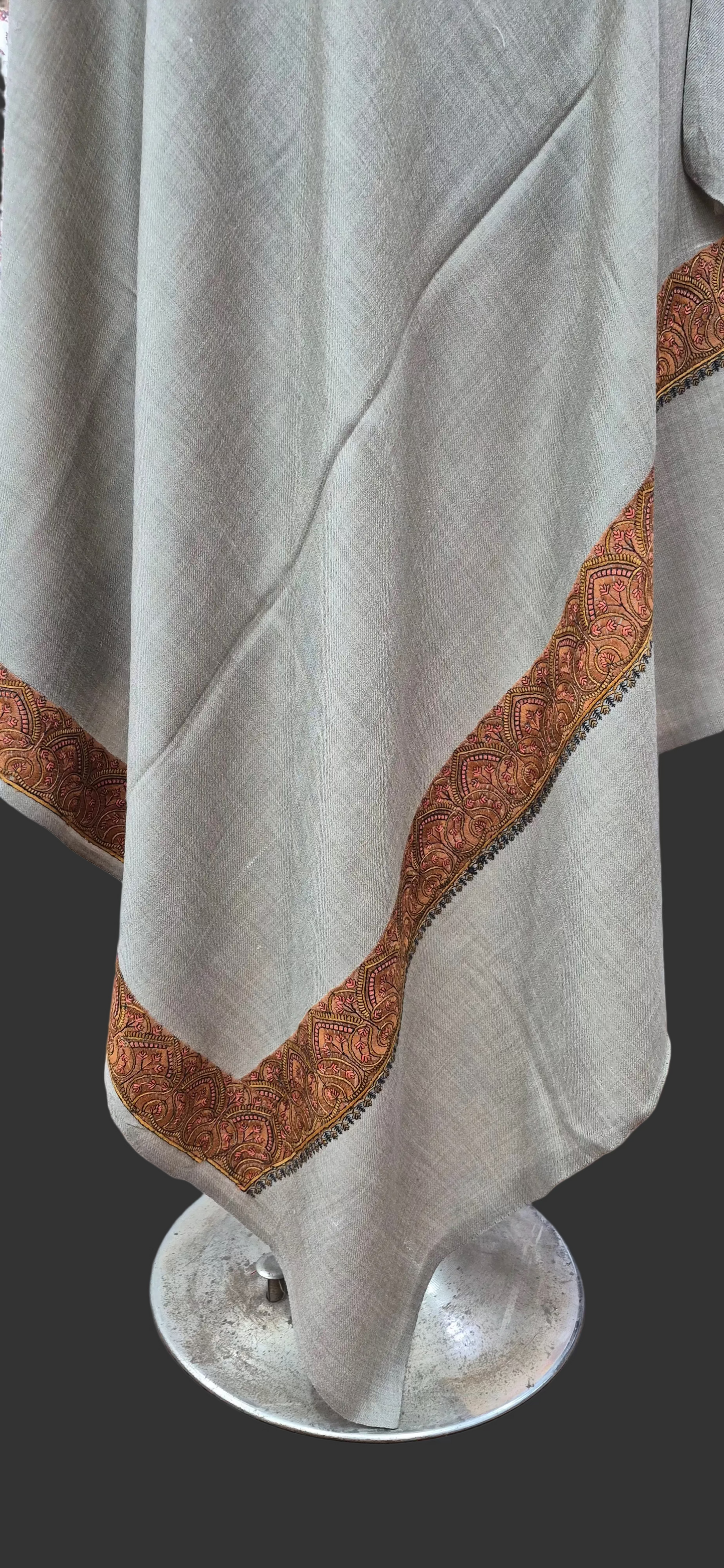 Light brown Wool Shawl with Ornate Paisley Borders
