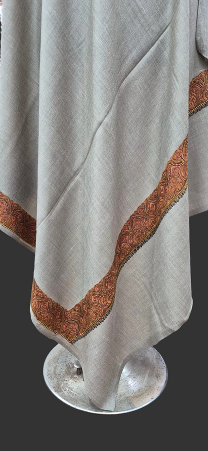 Light brown Wool Shawl with Ornate Paisley Borders