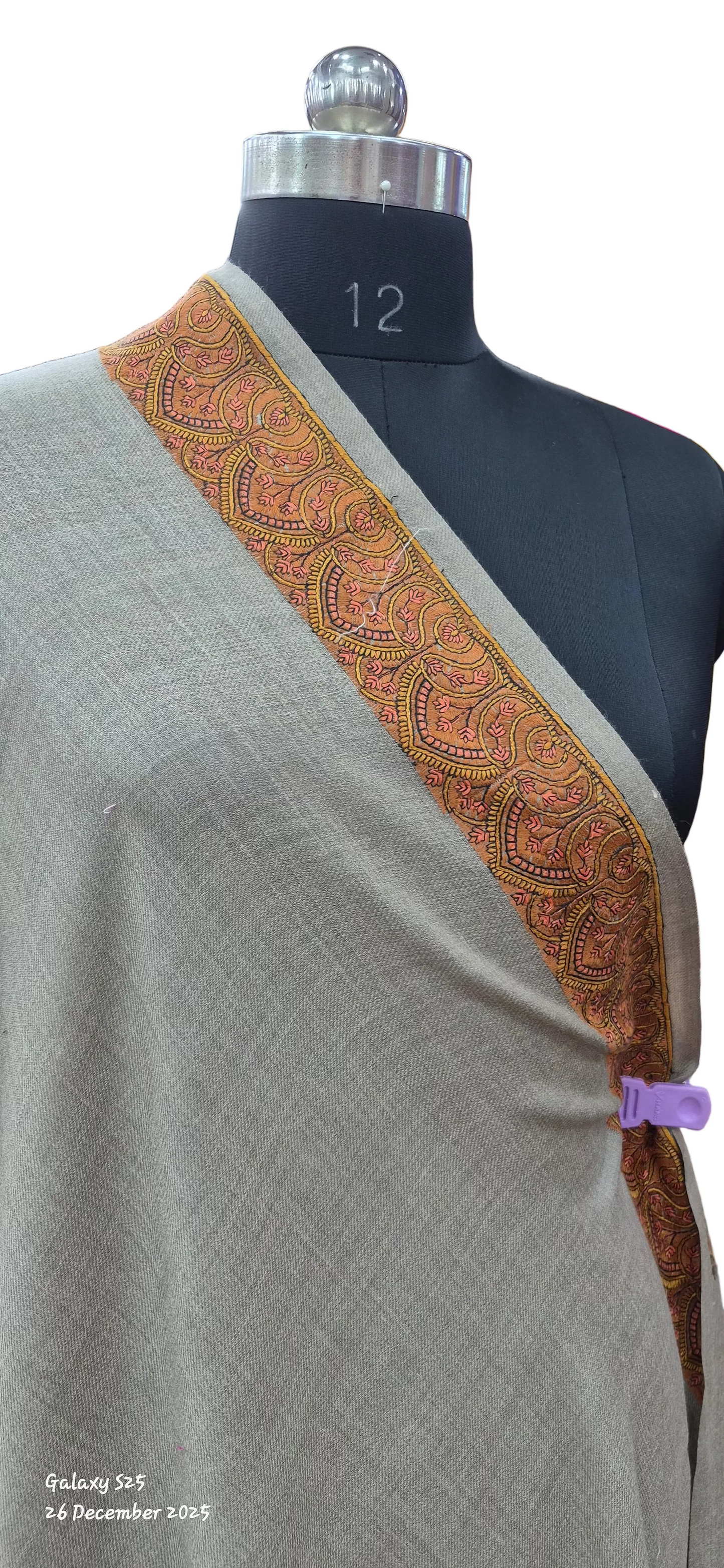 Light brown Wool Shawl with Ornate Paisley Borders