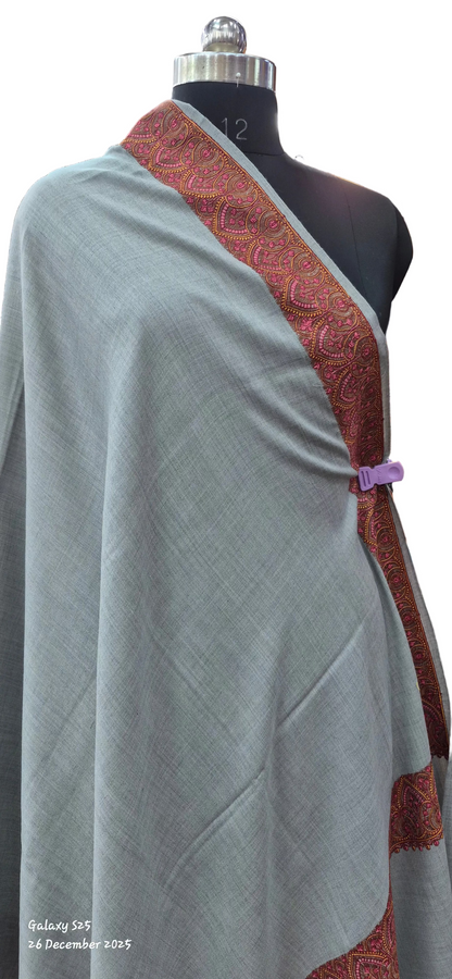 Gry Wool Shawl with Ornate Paisley Borders.