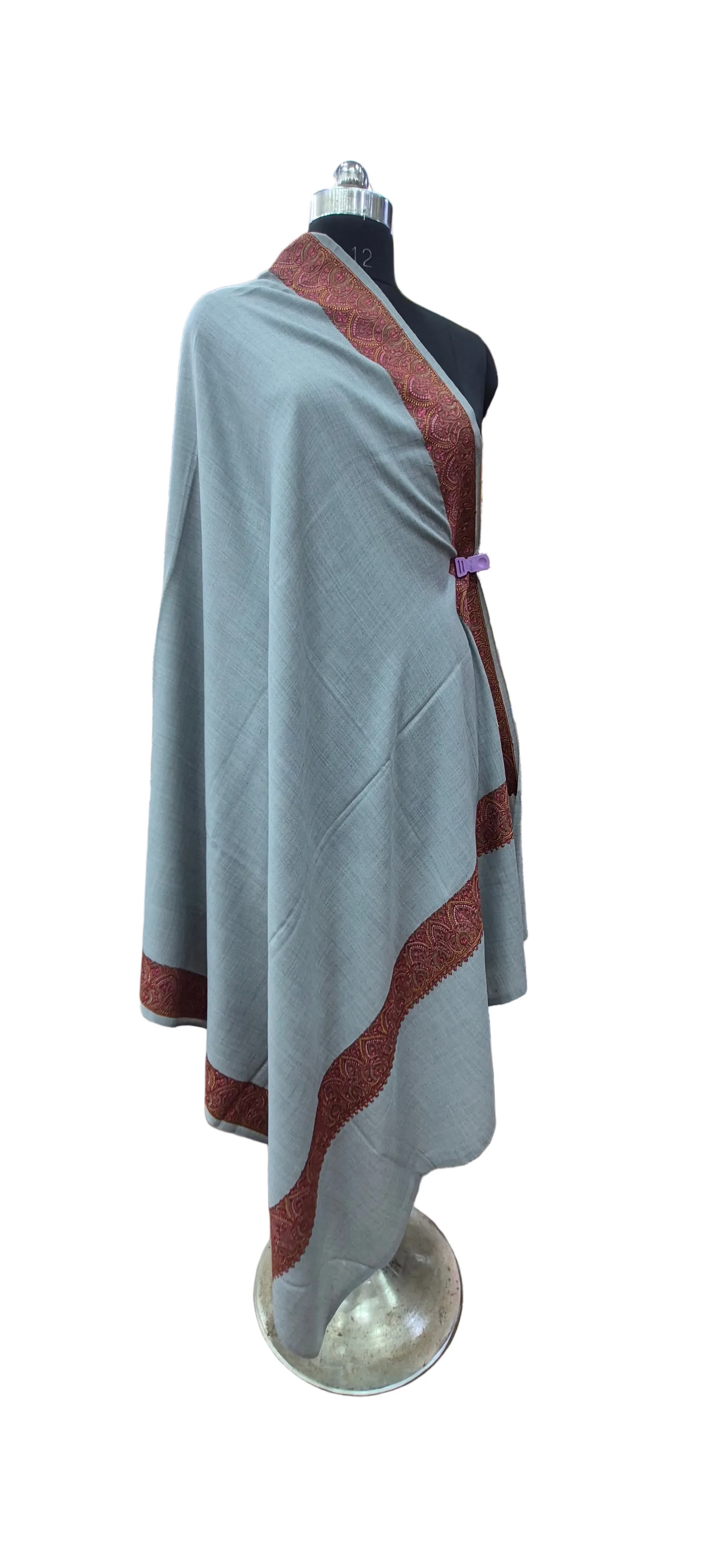 Gry Wool Shawl with Ornate Paisley Borders.