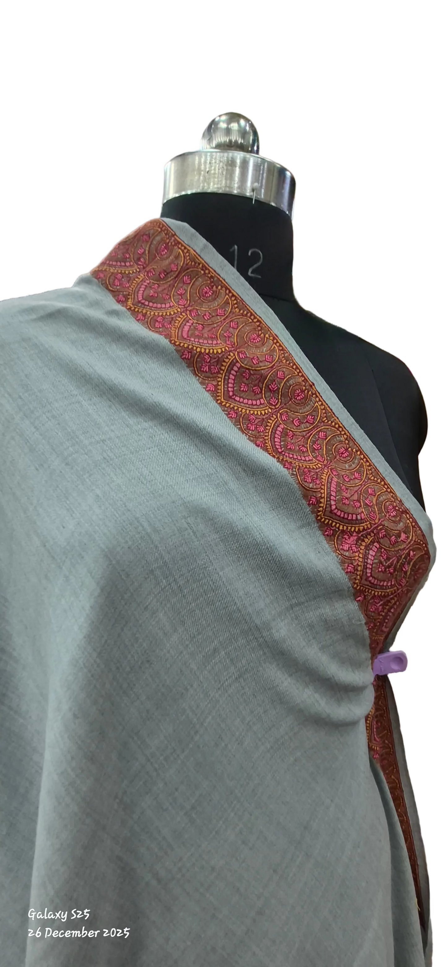 Gry Wool Shawl with Ornate Paisley Borders.