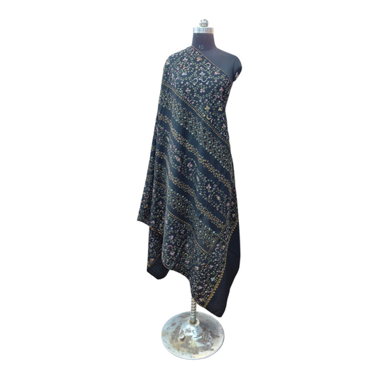 Elegant Kashmiri Hand-Embroidered Tousha Shawl – Midnight Black Floral Sozni Work