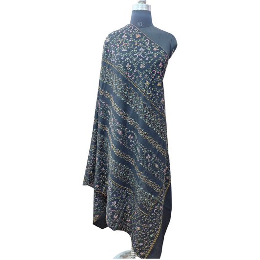 Elegant Kashmiri Hand-Embroidered Tousha Shawl – Midnight Black Floral Sozni Work