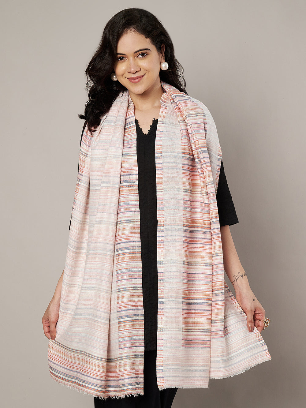 Reversible Woolen Women Stole with Fine Striped Weave | Soft & Lightweight Wrap (80 × 28 Inches)