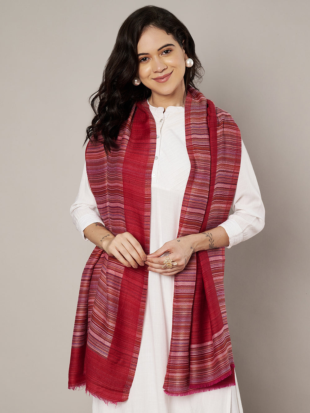 Reversible Woolen Women Stole with Fine Striped Weave | Soft & Elegant Wrap (80 × 28 Inches)