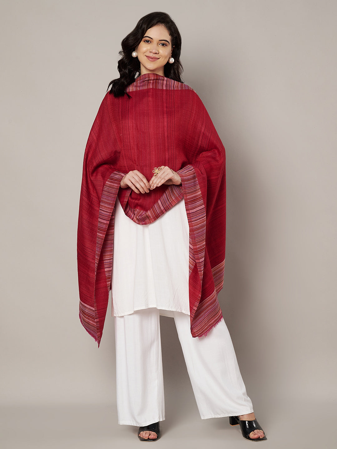 Reversible Woolen Women Stole with Fine Striped Weave | Soft & Elegant Wrap (80 × 28 Inches)