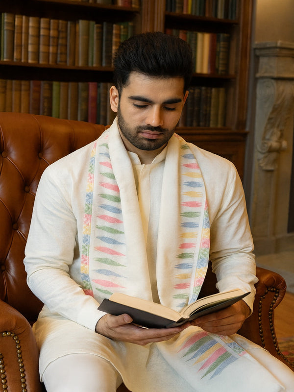 Woolen Men’s Stole with Ikat-Inspired Woven Design | Refined Ethnic Wrap (80 × 28 Inches)