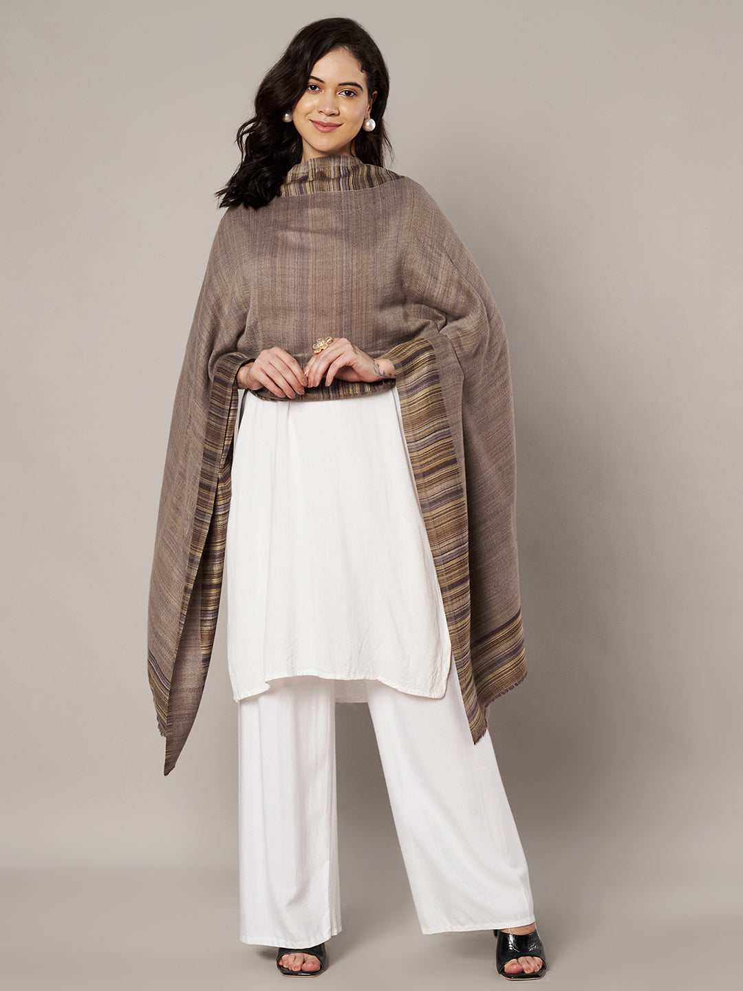 Reversible Woolen Women Stole with Fine Striped Weave – Soft & Elegant Wrap (80 × 28 Inches)