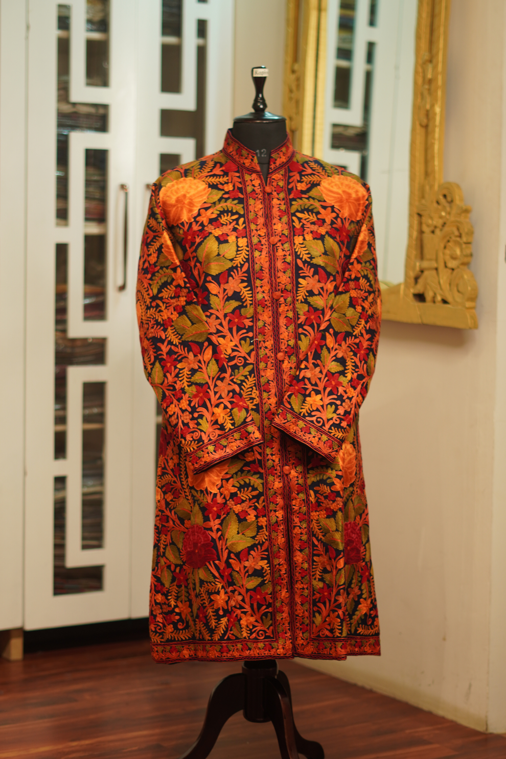 Black Lambs Wool Aari Embroidered Long Jacket