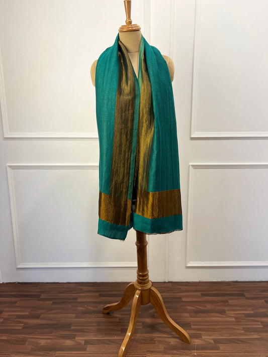 Teal Green Woolen Shawal with Antique Gold Border | Elegant Handcrafted Winter Shawal (80 × 28 Inches)