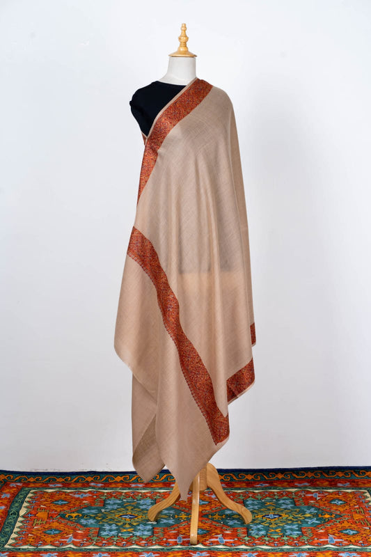 Beige Wool Shawl with Ornate Paisley Borders