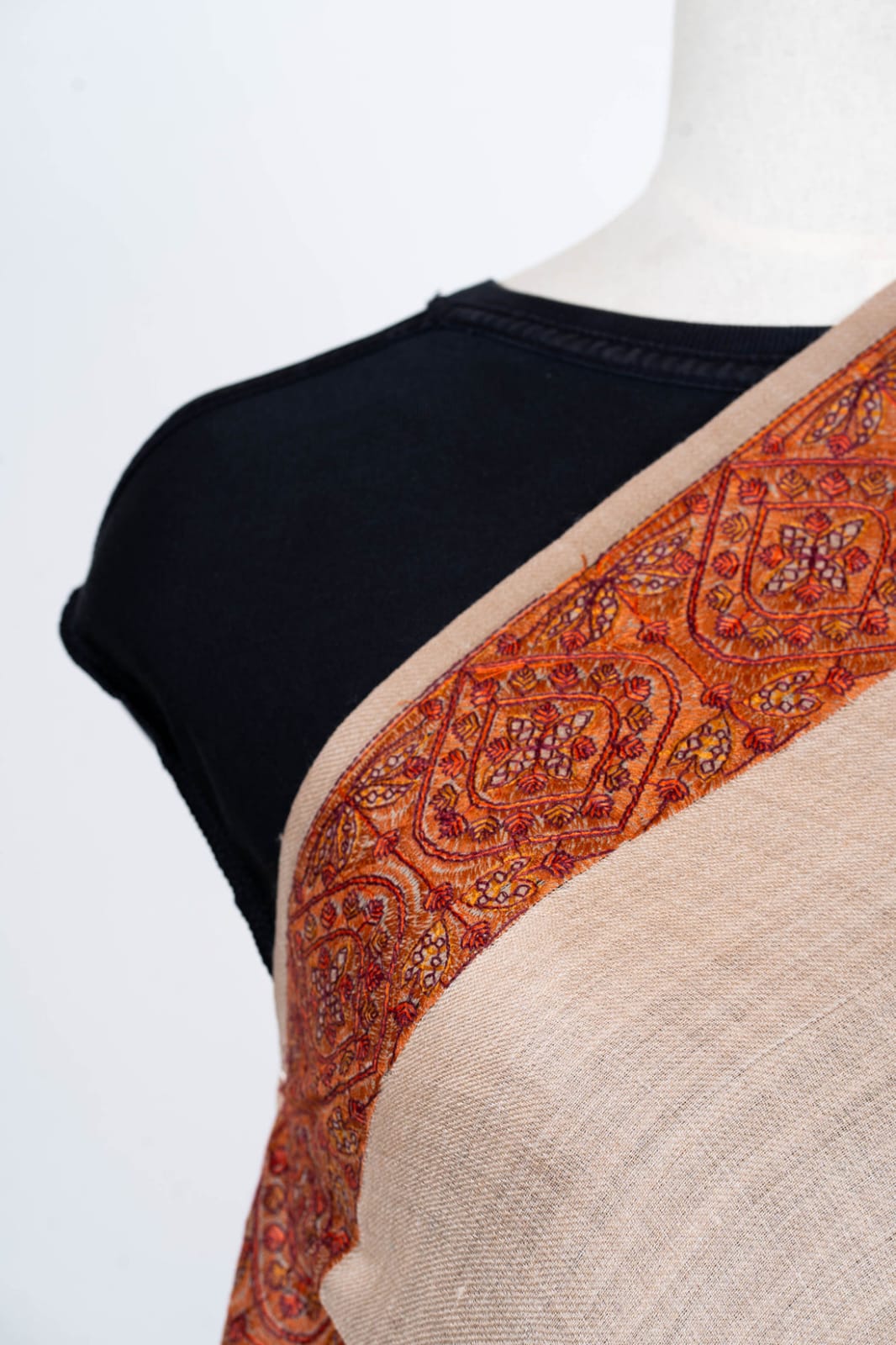 Beige Wool Shawl with Ornate Paisley Borders