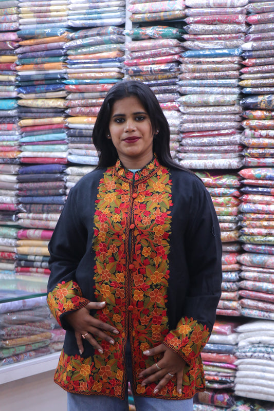 Black Short Kashmiri Jacket with Hand-Embroidered Floral design on Border.