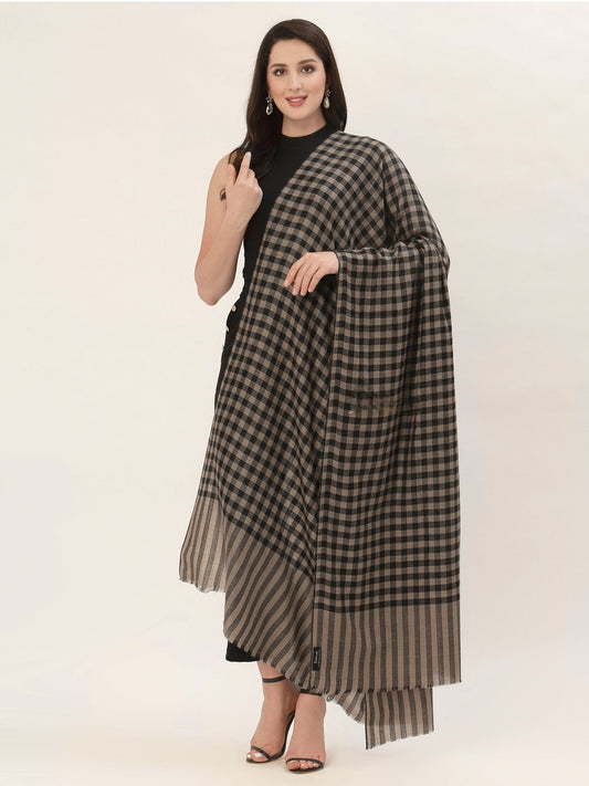 Khe_ Womens Checkered Shawl, In Extra Soft Fine Wool, Large Size