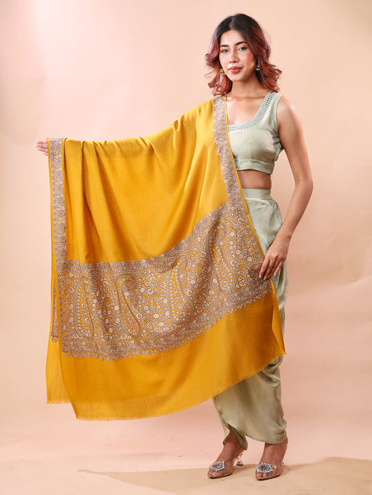 Mustard Paisley Palla Embroidery Kashmiri Shawl