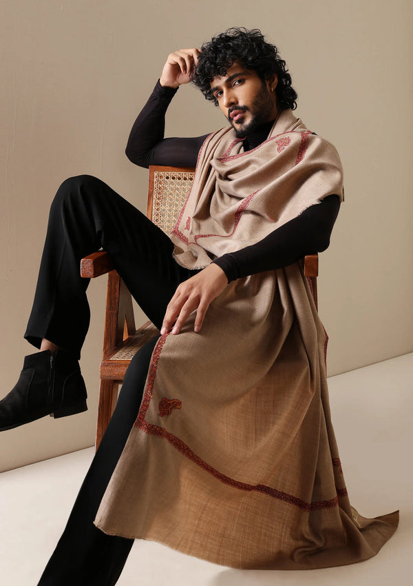 Khe Classic Beige Harshi Border Shawl for Men's