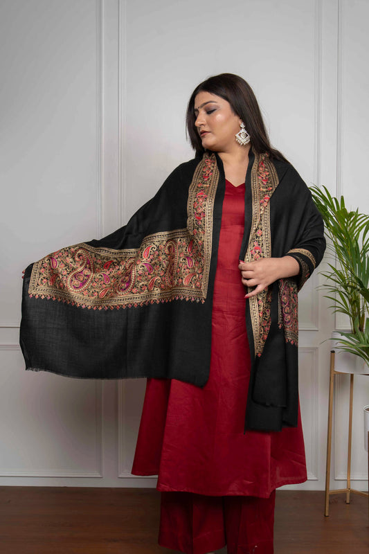 BLACK Ambi Border Nalki embroidery Fine Wool Blend Stole