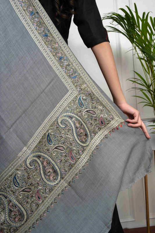 Grey Ambi Border Nalki embroidery Fine Wool Blend Stole