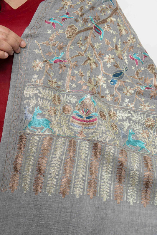 Grey Birds Motif Jaal Nalki embroidery Fine Wool Blend Stole