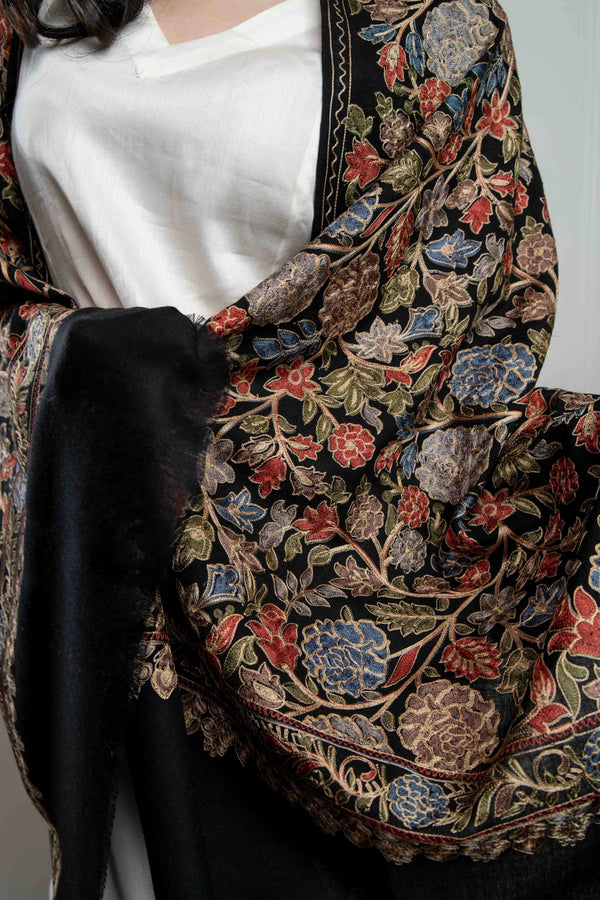 Black Gulaab Jaal Nalki embroidery Fine Wool Blend Stole