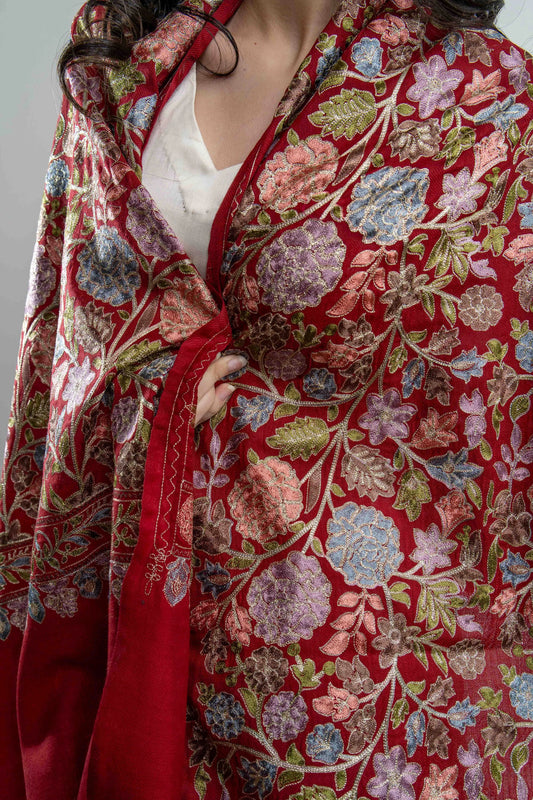 Maroon Gulaab Jaal Nalki embroidery Fine Wool Blend Stole (dispatch time 3 weeks)