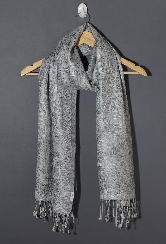 KHE Ornamental Paisley Premium Woven Silk Stole - Silver Charcoal