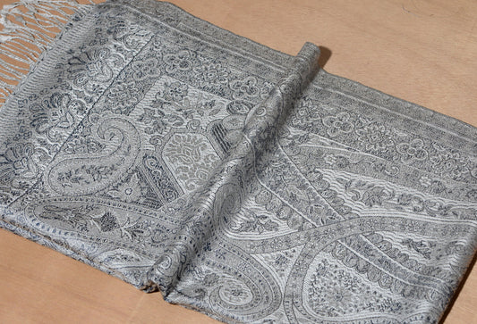 KHE Ornamental Paisley Premium Woven Silk Stole - Silver Charcoal