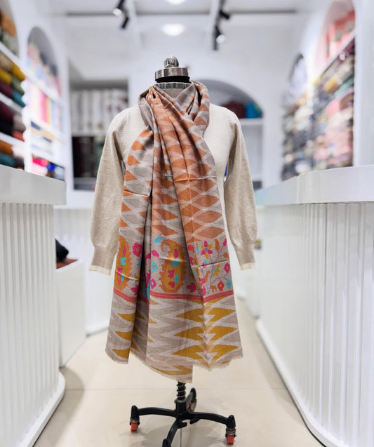 Premium Kashmiri Ikat Pattern Woolen Stole | Soft Handwoven Winter Wrap
