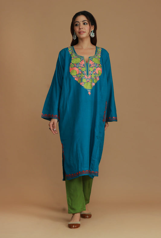 Teal Blue Phiran with Multi-Tone Aari Embroidery- Free Size