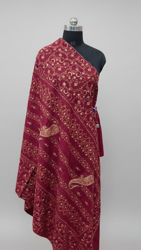 Wine Maroon Kashmiri Embroidered Shawl with All-Over Suzni Embroidery