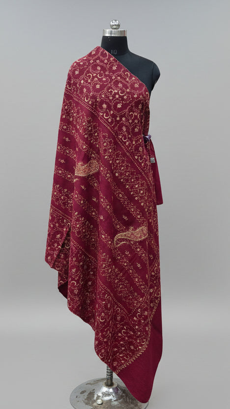 Wine Maroon Kashmiri Embroidered Shawl with All-Over Suzni Embroidery