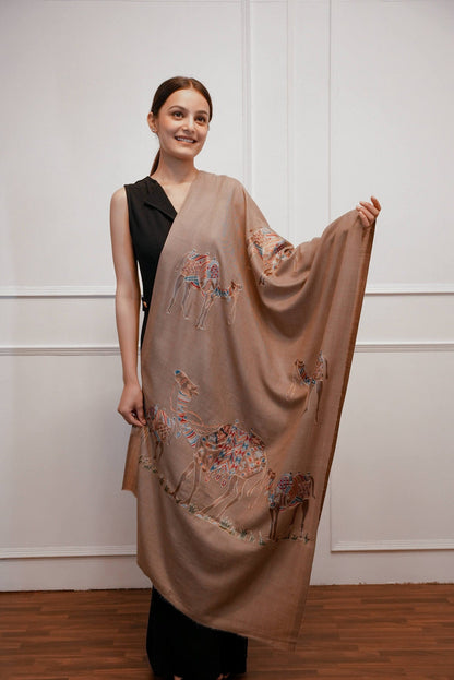 Handcrafted Camel Brown Woolen Stole with Tribal Camel Motif | Artistic Ethnic Wrap (80 × 28 Inches)