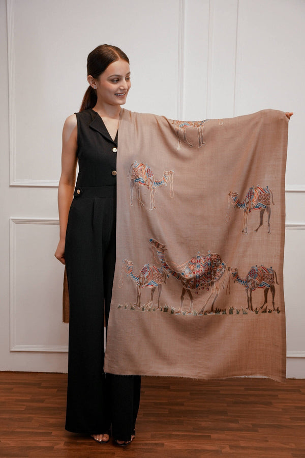 Handcrafted Camel Brown Woolen Stole with Tribal Camel Motif | Artistic Ethnic Wrap (80 × 28 Inches)