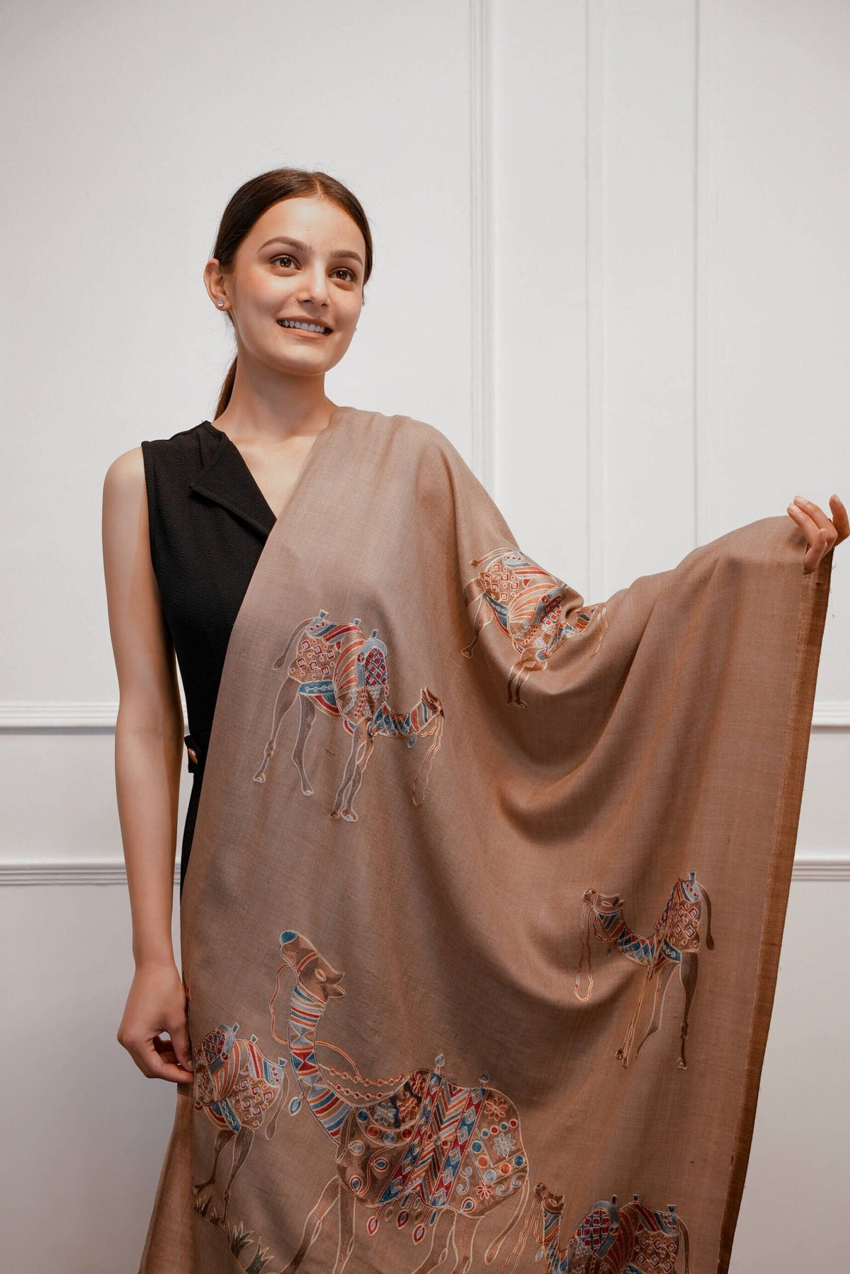 Handcrafted Camel Brown Woolen Stole with Tribal Camel Motif | Artistic Ethnic Wrap (80 × 28 Inches)