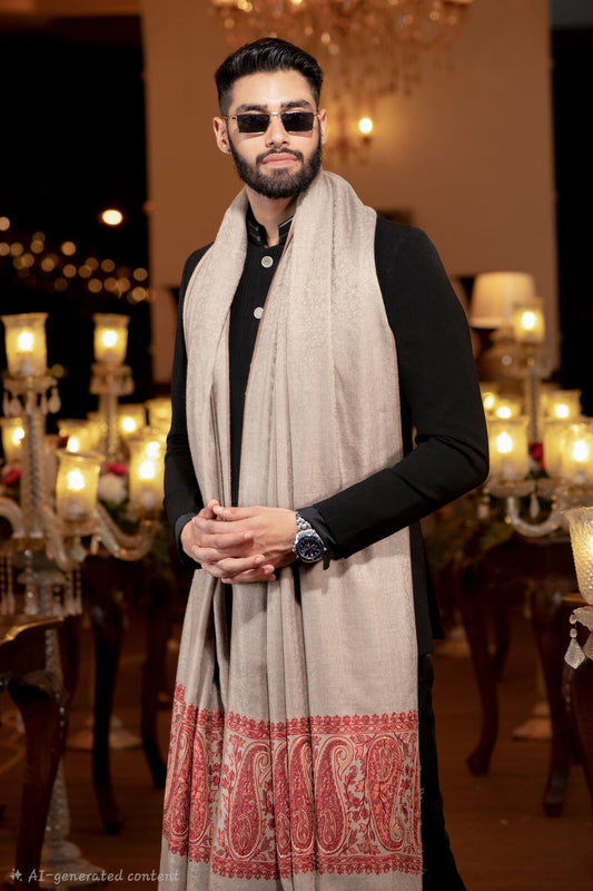 Mens Shawl, Hand Embroidered Ethnic Weave Palla , Soft Fine pashmina Wool, Full Size, Beige