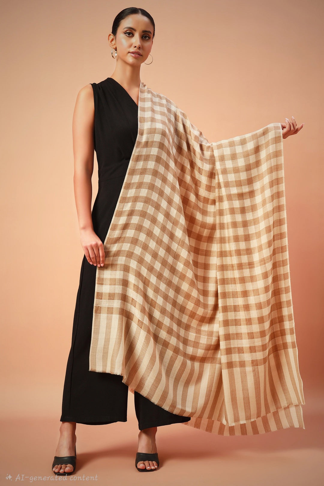 Womens Extra Fine  Shawl,Checkered, Soft And Warm Beige