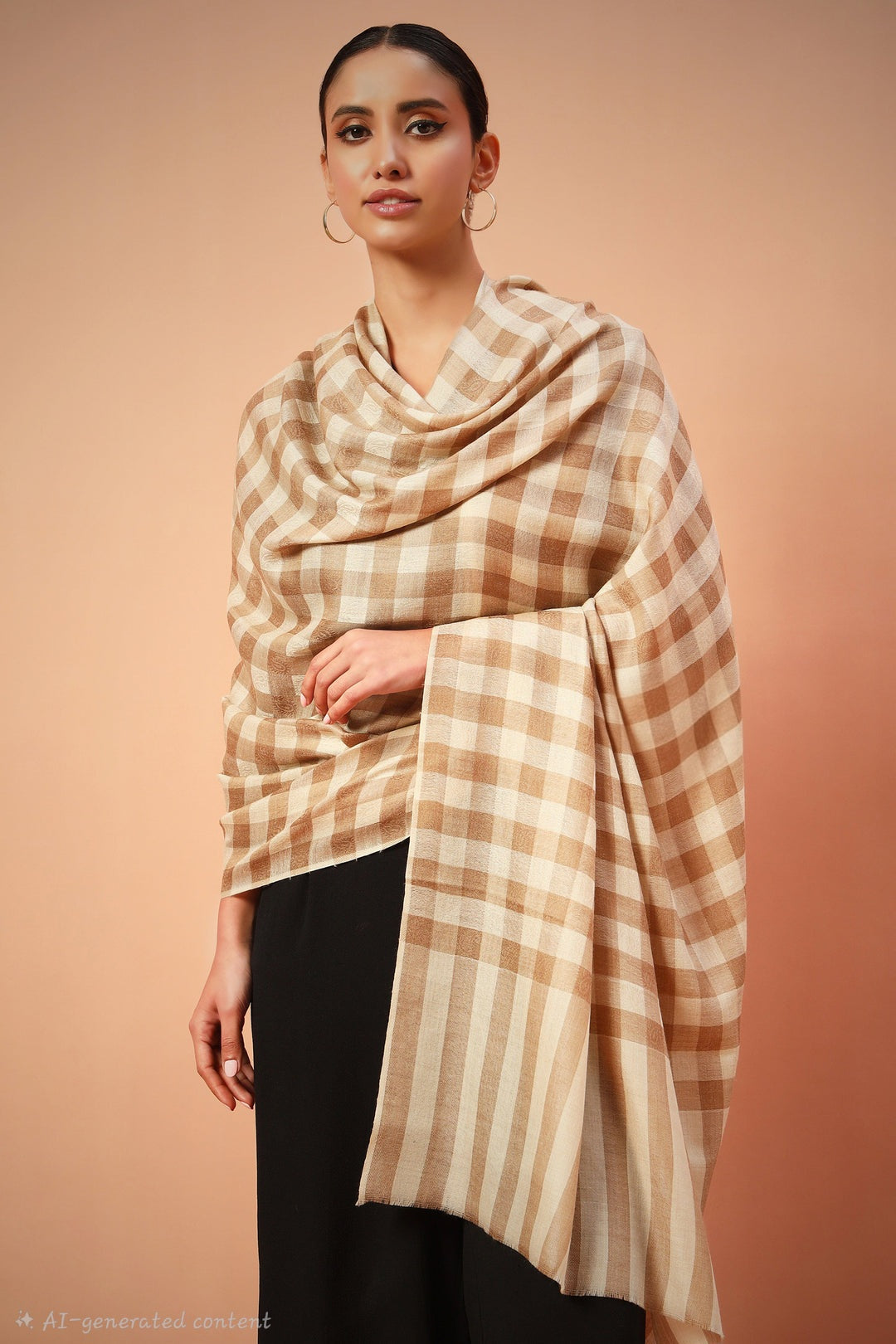 Womens Extra Fine  Shawl,Checkered, Soft And Warm Beige