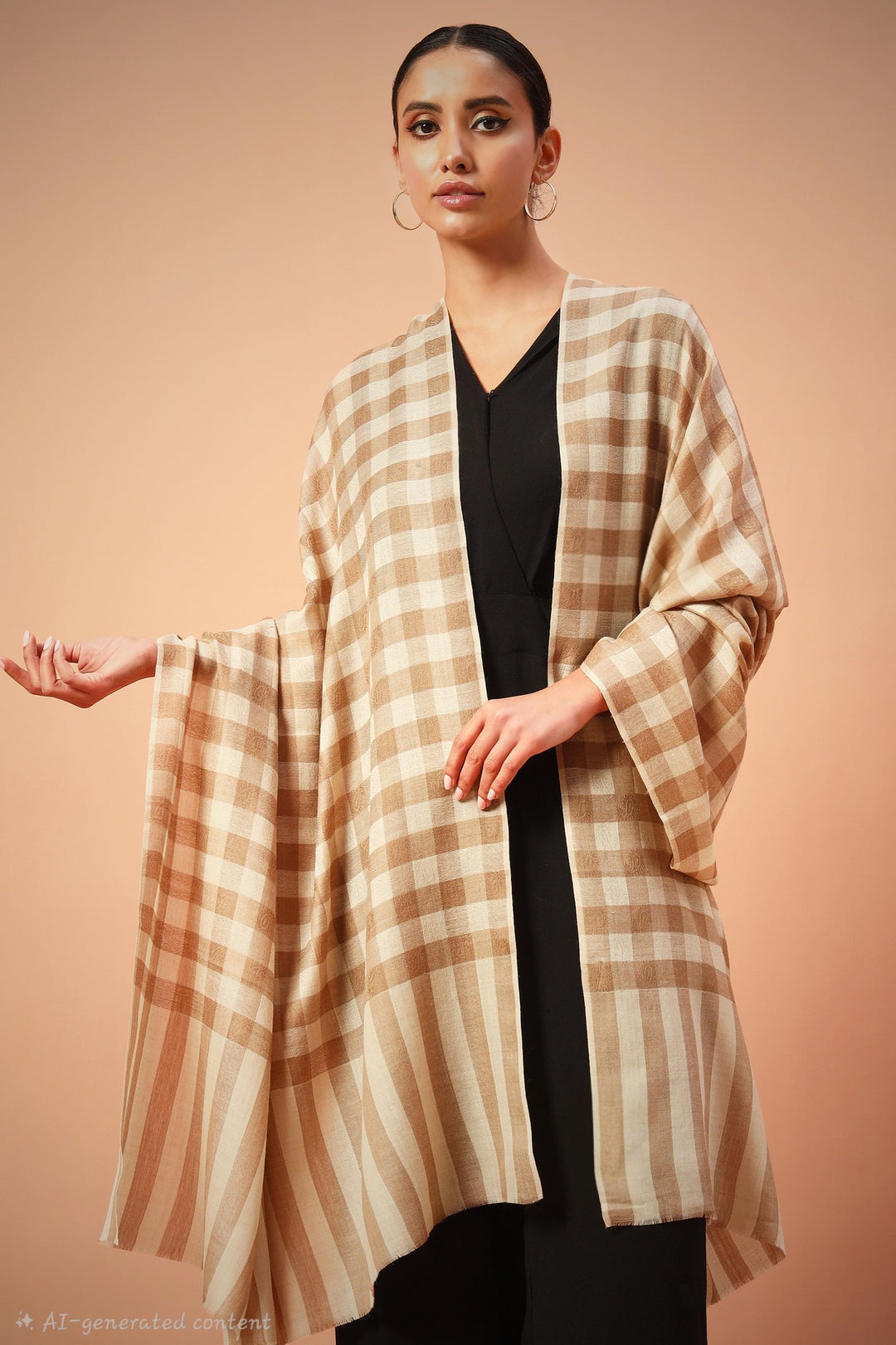 Womens Extra Fine  Shawl,Checkered, Soft And Warm Beige