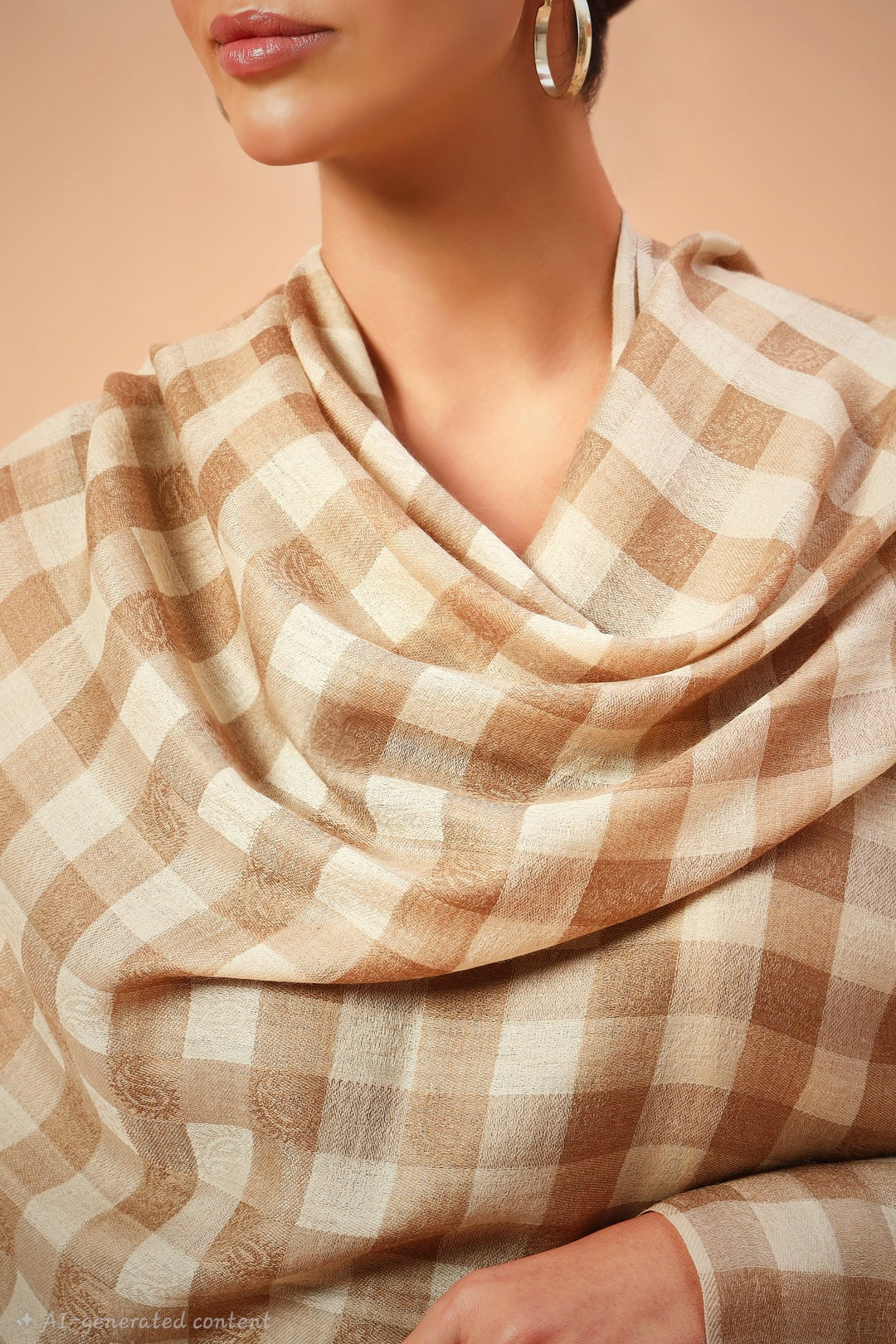 Womens Extra Fine  Shawl,Checkered, Soft And Warm Beige