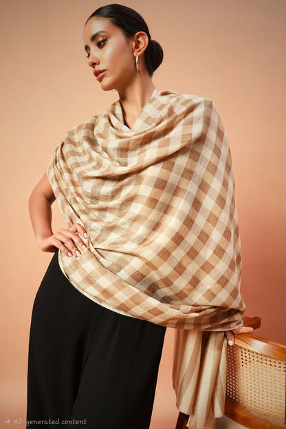 Womens Extra Fine  Shawl,Checkered, Soft And Warm Beige