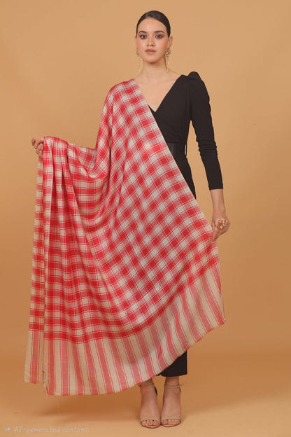 womens Extra Fine Wool shawl, CHECKERED design, Beige And Red