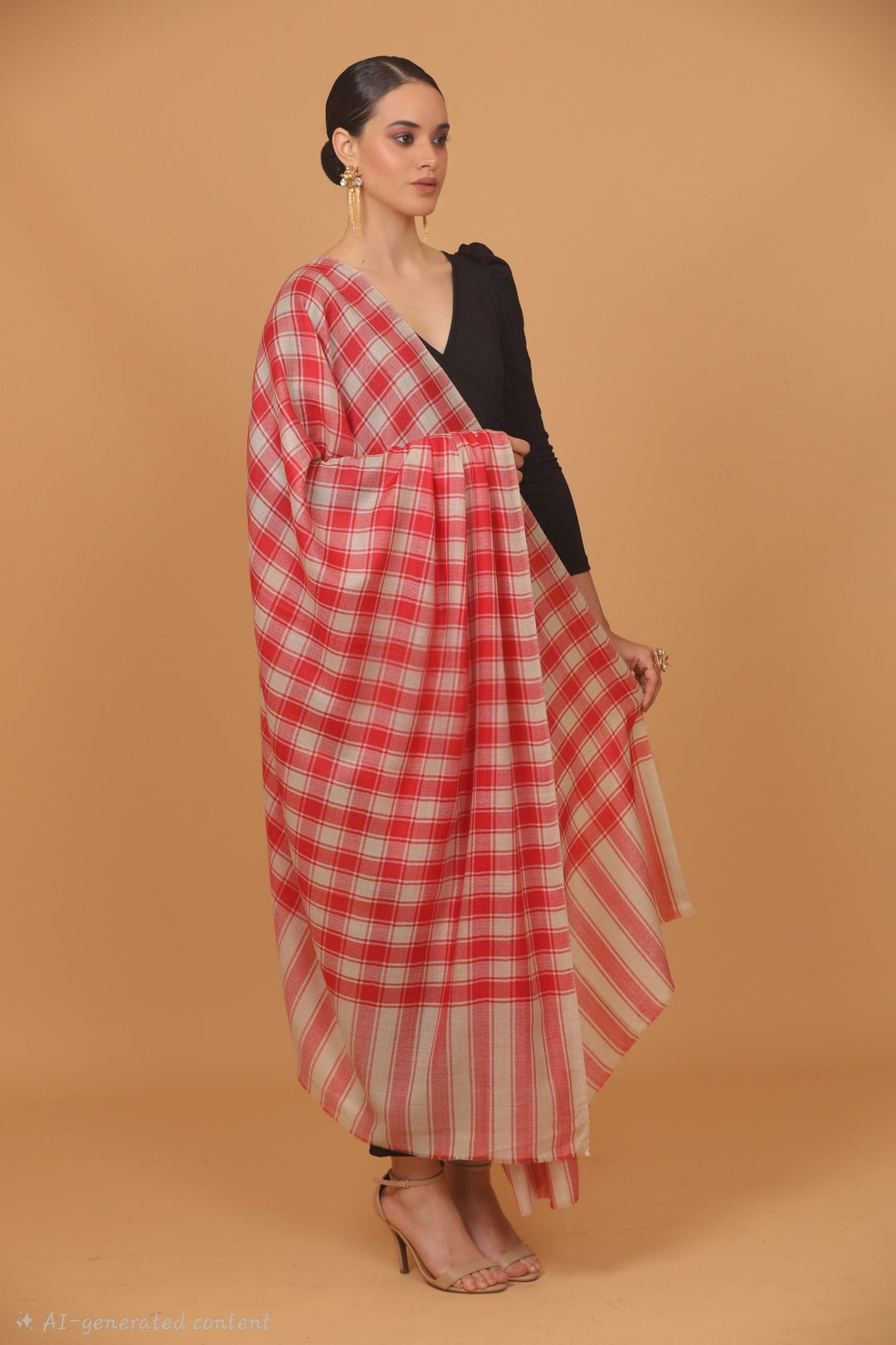 womens Extra Fine Wool shawl, CHECKERED design, Beige And Red